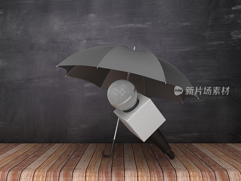 雨伞与麦克风在木地板-黑板背景- 3D渲染